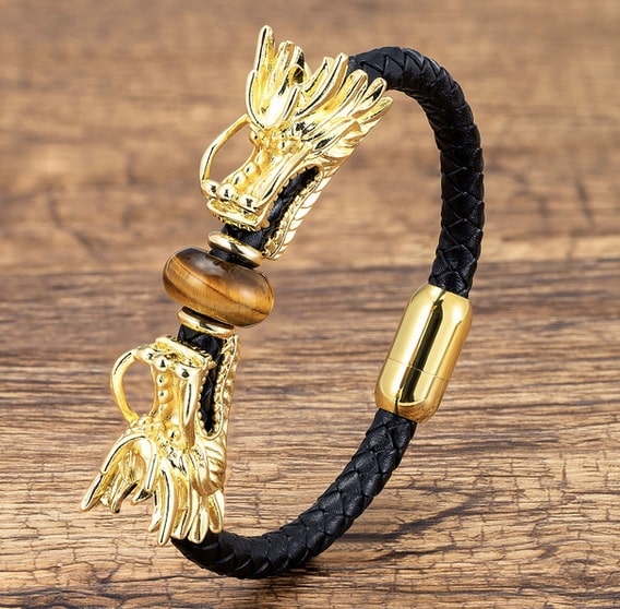 LEGENDARY Leather Double Dragon - Wealth & Luck Charm with Stone