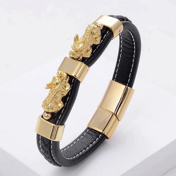 Bracelet Homme 'Fortune' Pi Xiu en Agate et Cuir - Moment Ici