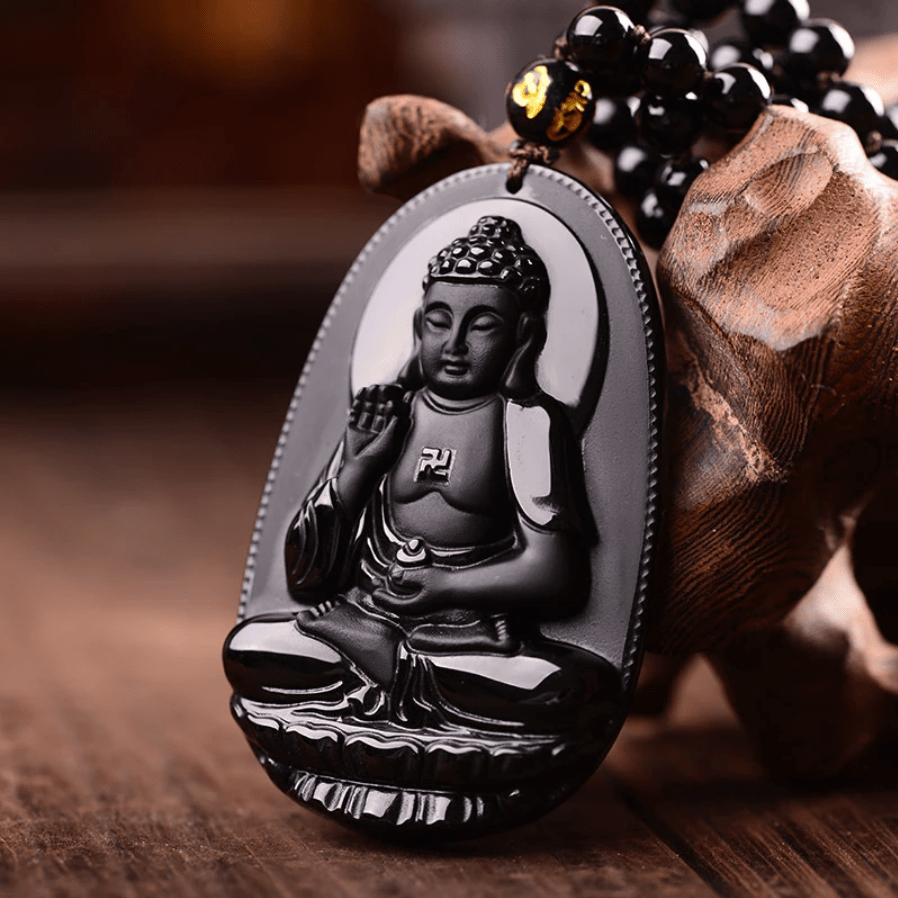 Black Obsidian - Buddha  Necklace for Wealth & Protection