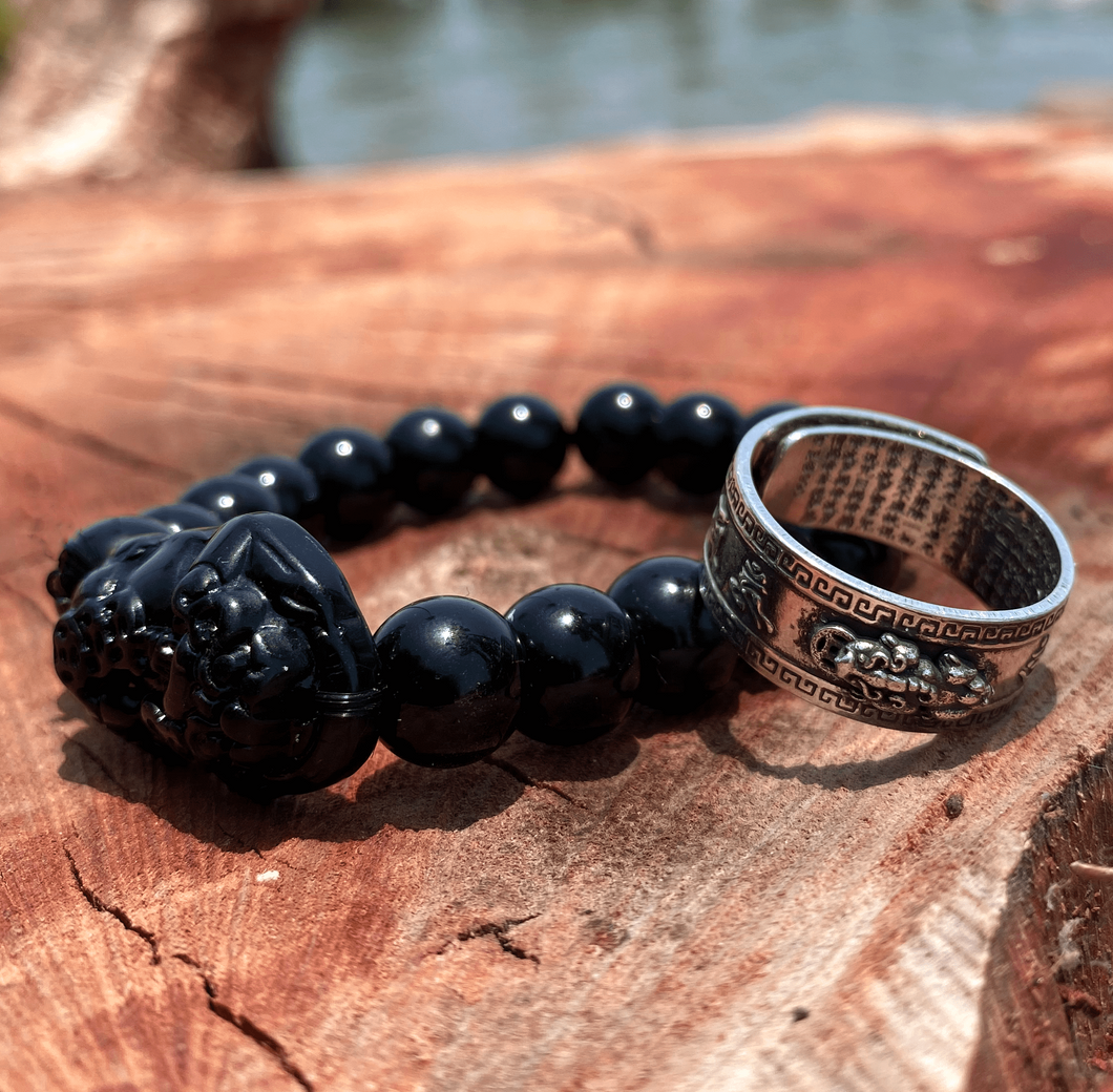 Pi Yao - Black Obsidian Stone Bracelet & Mantra Ring  [BUNDLE]