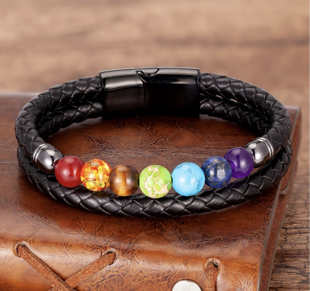 Seven Chakras - Leather Feng Shui Healing Bracelet